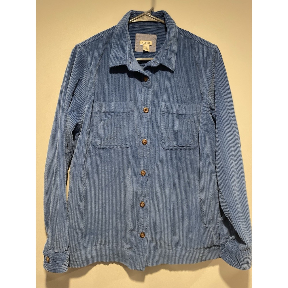 LL Bean Shirt Jacket Womens Sz M Teal Blue Corduroy Wide Wale Shacket Button